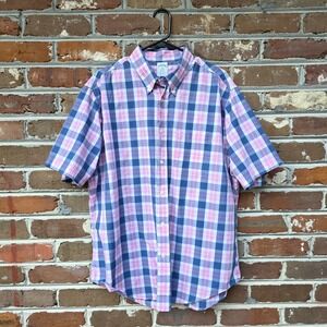 Brooks Brothers Regent Button Down Shirt Size XL Pink Blue Plaid Short Sleeve